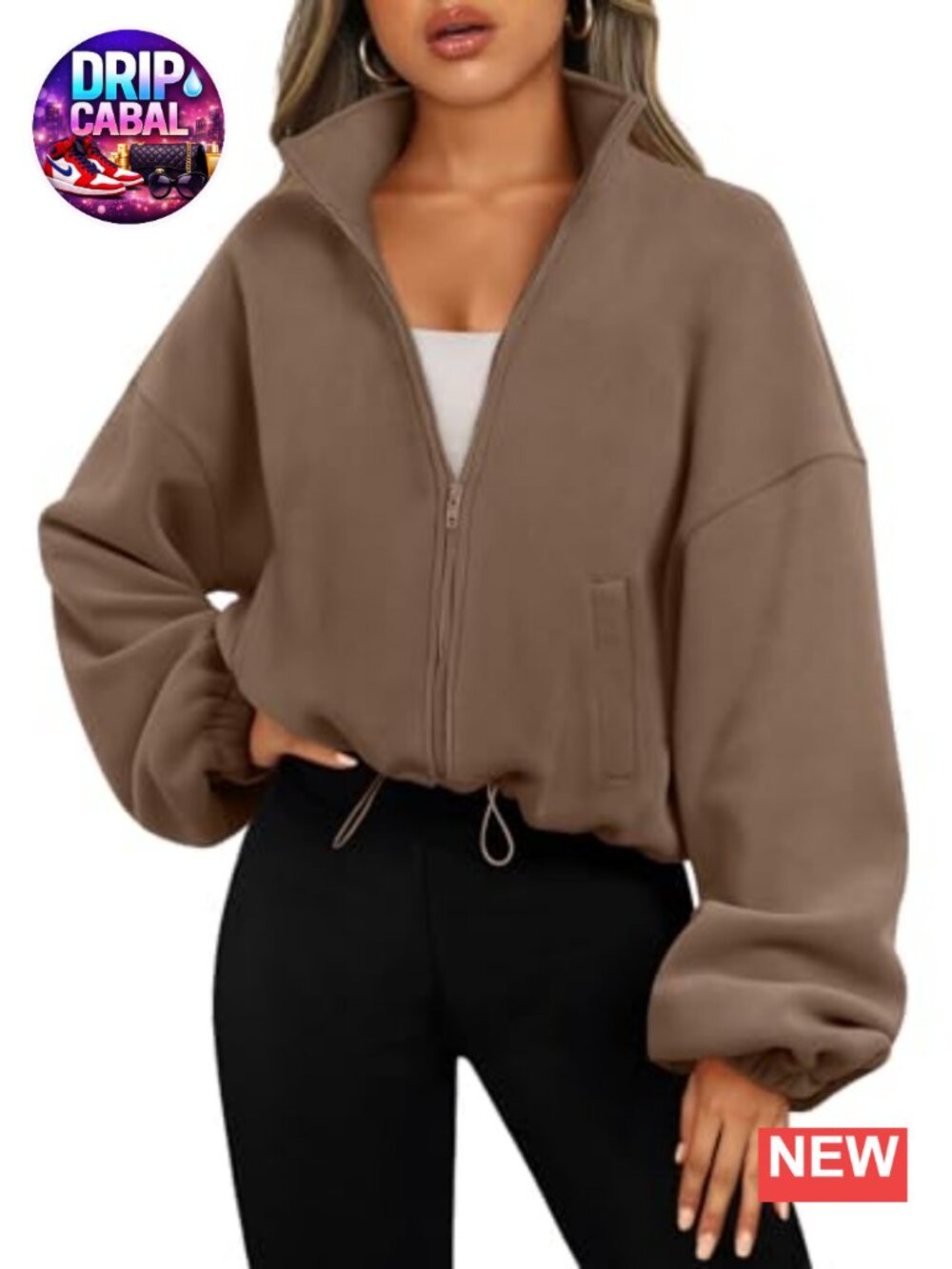 Fleece Zip Up Oversized Cropped Sweatshirt Jacket Long Sleeve Casual